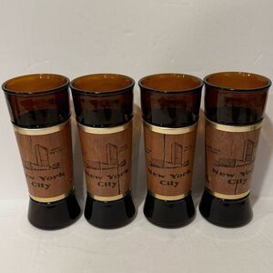 Set of 4 Vintage Siesta Ware New York City Glasses with Walnut Wood Jacket